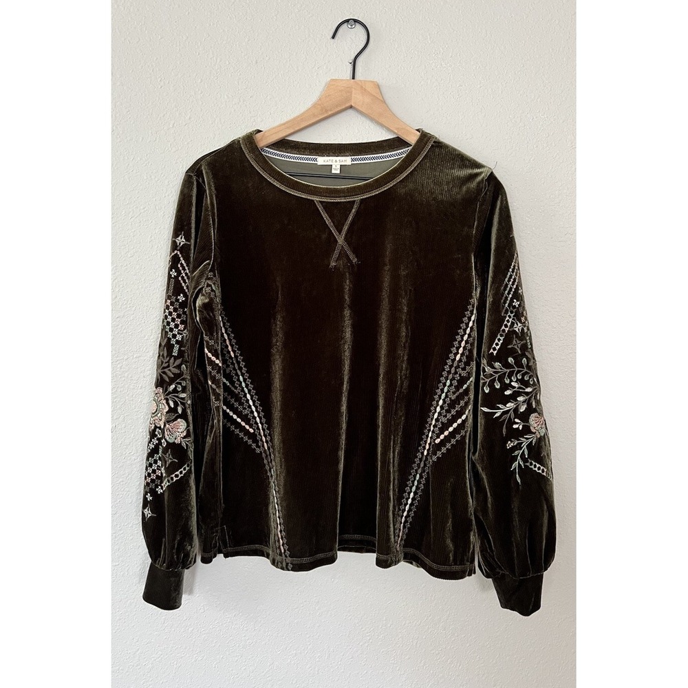 Kate & Sam Moss Green Velvet Top Floral Embroidered Balloon Sleeve Preppy Boho S
